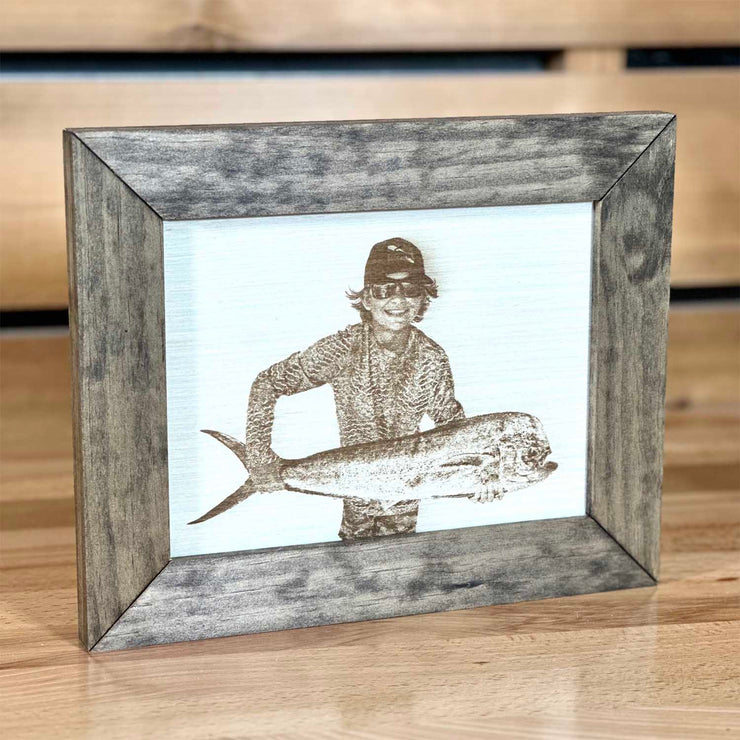 Personalized Etched Wood Photo |  6x8 Antique Brown Pine Frame