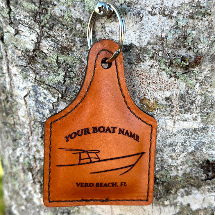 Custom Center Console Boat Cattle Tag Floating Leather Keychain