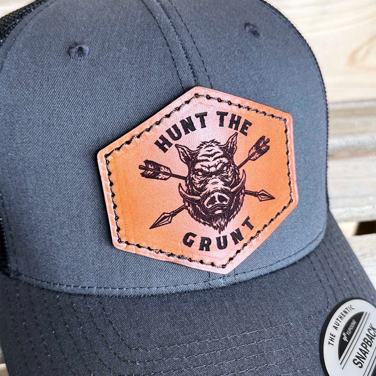 Custom Hog Hunt Leather Patch Mesh Snapback Trucker Hat