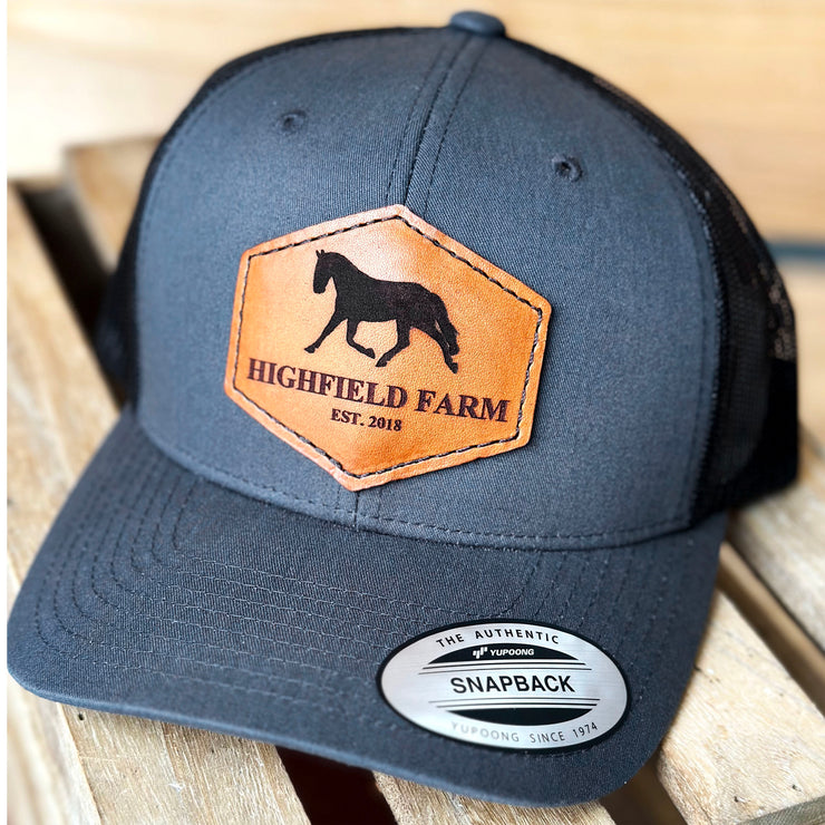 Horse Trotting Custom Farm Leather Patch Mesh Snapback Trucker Hat