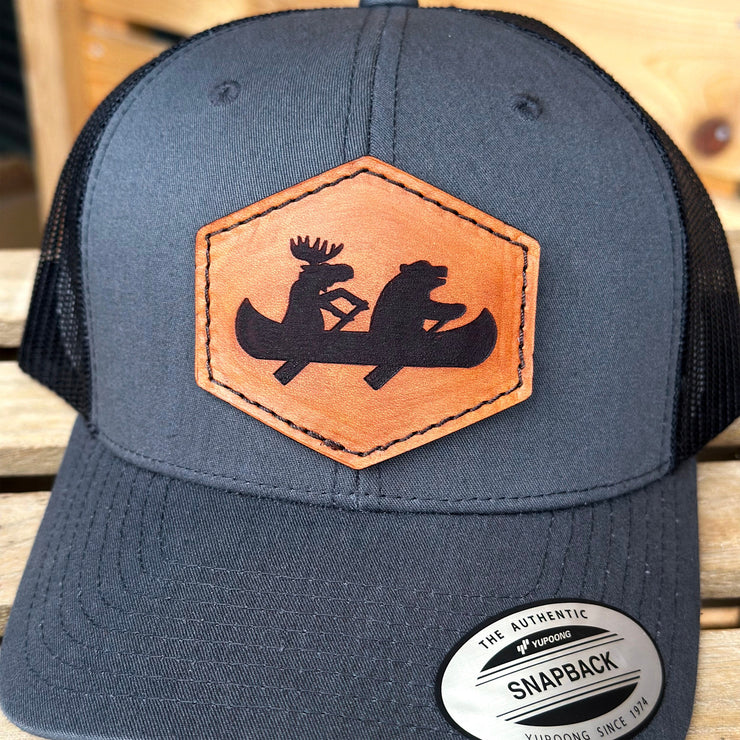 Bear and Moose Canoe Mesh Snapback Leather Patch Hat