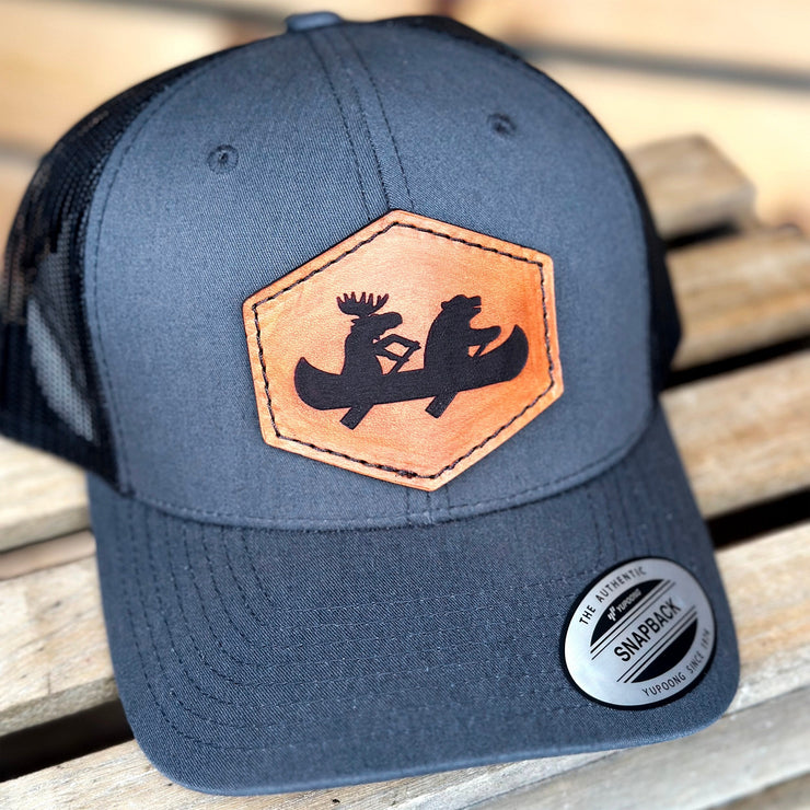 Bear and Moose Canoe Mesh Snapback Leather Patch Hat